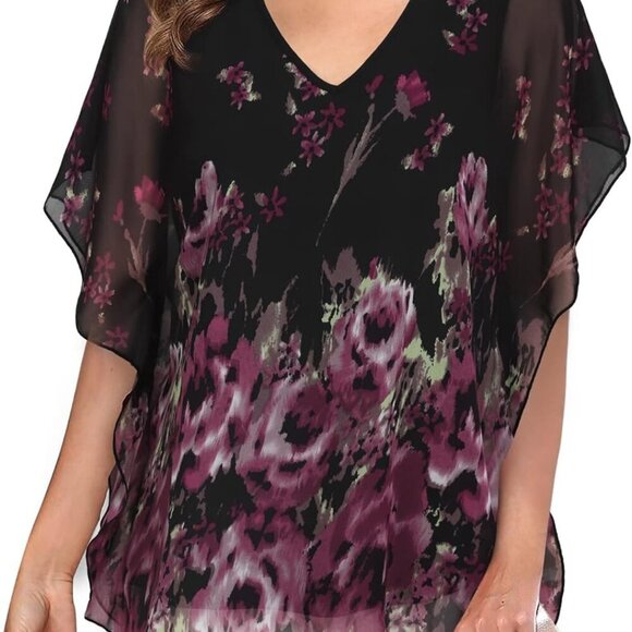 Women's Loose Flouncing Flutter Sleeve Double-Layered Shirt Chiffon Elegant Dres - Picture 1 of 5